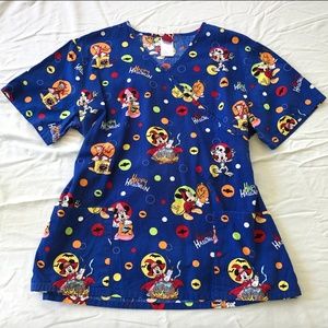 Blue Disney Halloween Scrub Shirt Mickey Minnie